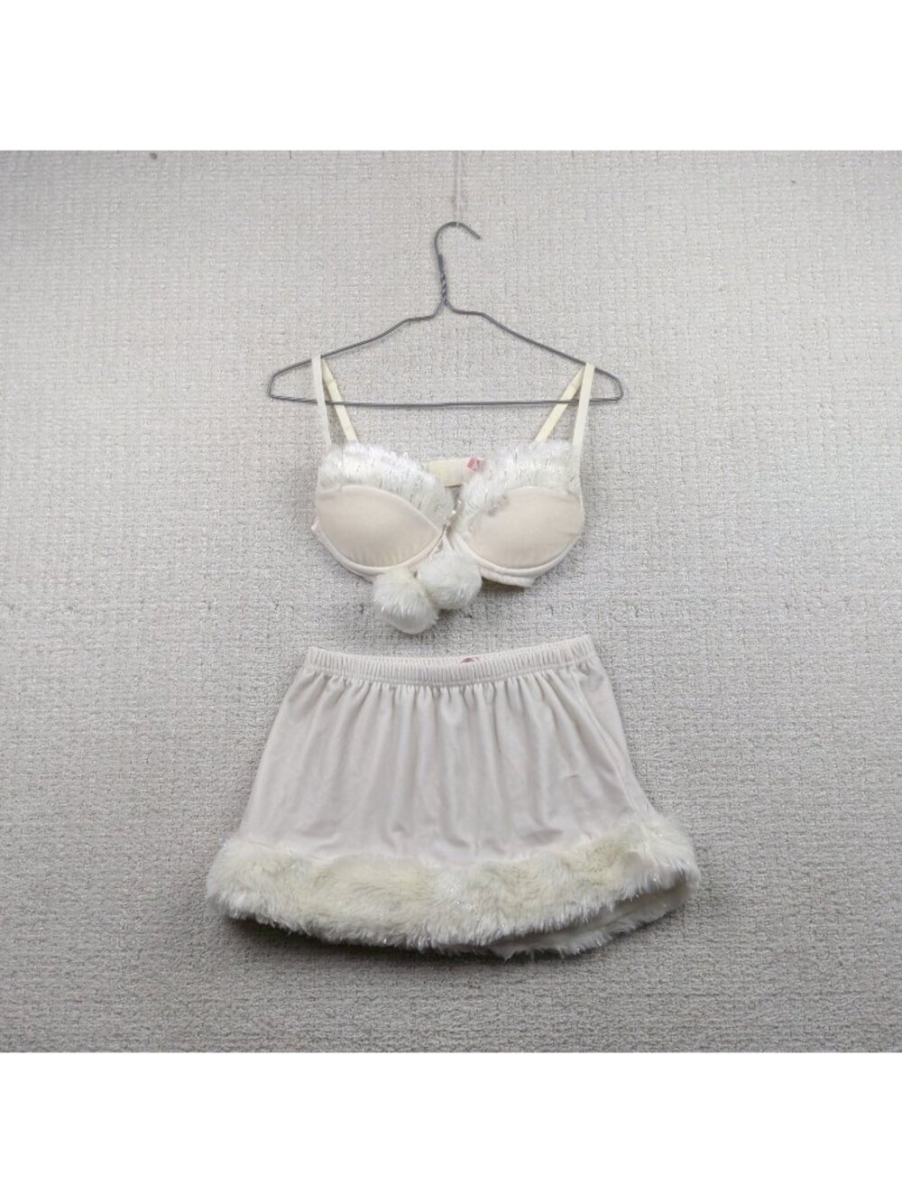 Y2K Coquette Skirt And Bra White Velvet Fuzzy Plush Glam Matching Set Wom Sz S